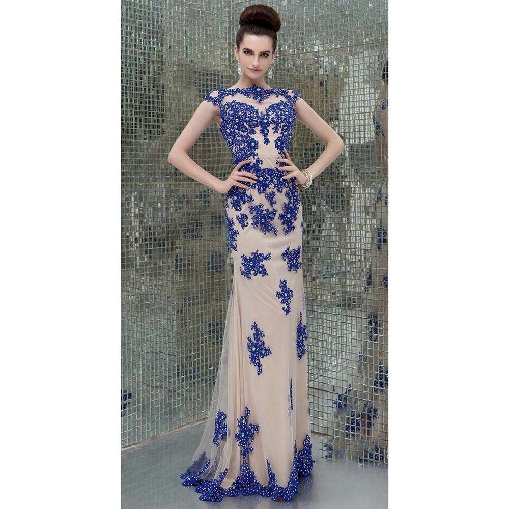 Angela & Alison Dress Womens 4 Blue Beaded Mesh Gown Open Back Formal